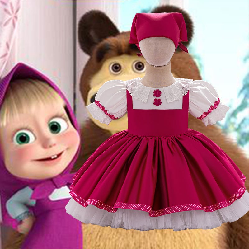 Masha And The Bear Anime Girl Princess Dress Cosplay Coat Satin Girl Dress Hat - Image 1